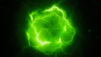 Fototapeta premium Zielone świecące błyskawice wysokiej energii, wygenerowane komputerowo abstrakcyjne tło