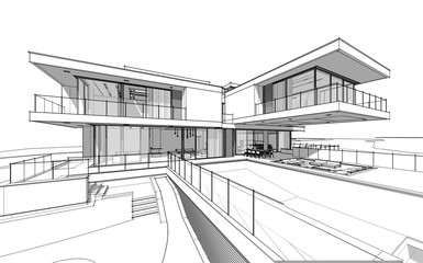 3d rendering sketch of modern cozy house by the river with garage for sale or rent. Black line sketch with soft light shadows on white background