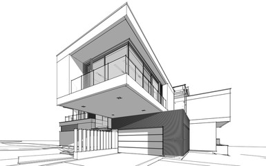 3d rendering sketch of modern cozy house by the river with garage for sale or rent. Black line sketch with soft light shadows on white background