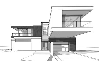 Fototapeta na wymiar 3d rendering sketch of modern cozy house by the river with garage for sale or rent. Black line sketch with soft light shadows on white background