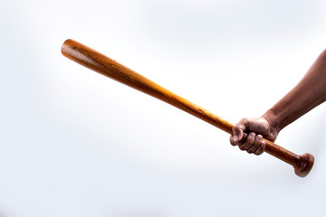 hand holding wooden baseball bat on white background