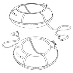 Детские круглые надувные санки (тюбинг) для зимнего катания с горки, контурная черно-белая векторная иллюстрация на белом фоне.