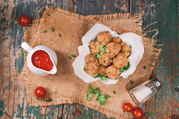 Vietnamese food. Delicious homemade fish balls on wooden table.
