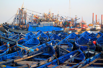 Lots of blue fishing boats in the port of Essaouira, Morocco