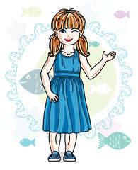 Little redhead girl cute child toddler in casual clothes standing on marine backdrop with ocean and fishes. Vector pretty nice human illustration.