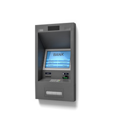 3d rendering of a wall ATM bank machine with a blue screen isolated on white background.