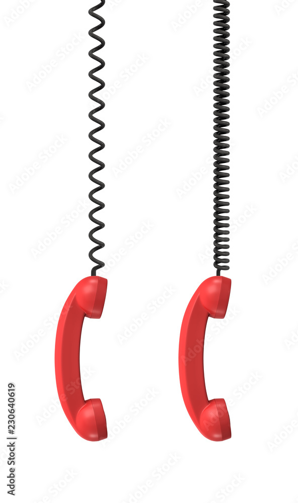 Poster 3d rendering of two red retro phone receivers hanging vertically from black cords on a white backgro