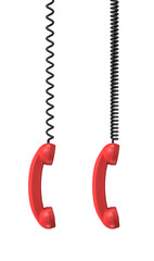 3d rendering of two red retro phone receivers hanging vertically from black cords on a white background.