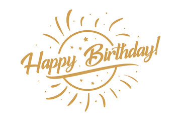 Happy Birthday card. Beautiful greeting banner lettering calligraphy inscription. Holiday phrase, golden text word stars circle. Hand drawn design. Handwritten modern brush background isolated.