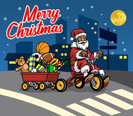 Obraz na płótnie Canvas Santa Claus Bring Wagon Full Of Christmas Gift By Ride Bicycle