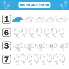 Mathematics worksheet for kids. Count and color educational children activity with cloud, ice cream, bow, balloon