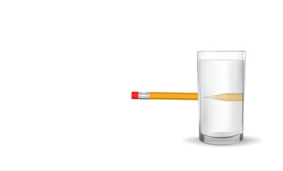 Refraction of light. Water causes light to deflect. So we see the pencil under the water is bigger and different from the actual position. Illustration Vector EPS10 on White background.