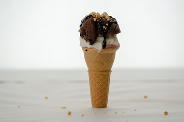 Chocolate ice cream ball and chocolate sauce isolated on white background