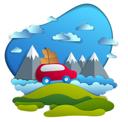 Car travel and tourism, red minivan with luggage riding off road with mountain peaks in background, clouds in the sky, paper cut vector illustration of auto in scenic nature landscape.