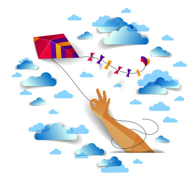 Hand holding kite over cloudy sky, freedom and easiness emotional concept, vector modern style paper cut 3d illustration.