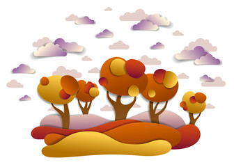 Scenic autumn landscape of meadows and trees, cloudy sky with birds and sun, fall fields and grasslands vector illustration in paper cut kids style. Autumn in countryside, travel and tourism.