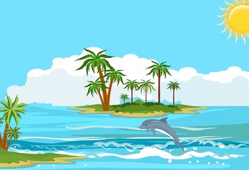 Fototapeta na wymiar Ocean landscape, dolphins plying in the waves, tropical islands with palm trees in the horizon, vector illustration