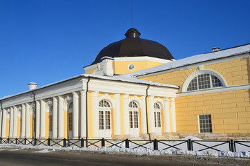 Arkhangelsk, Russia, February, 20, 2018. Gostiny dvor. North tower, West wall and exchange tower. Beginning of XX century