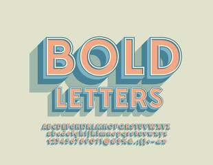 Vector Vintage Bold Font. Bright Alphabet Letters, Numbers and Symbols. Stylish 3D Font.
