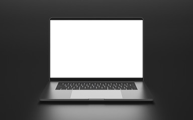 Laptop with blank screen isolated on black background. Whole in focus. Template, mockup.