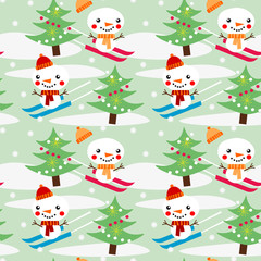 Cute snowman plays ski seamless pattern.