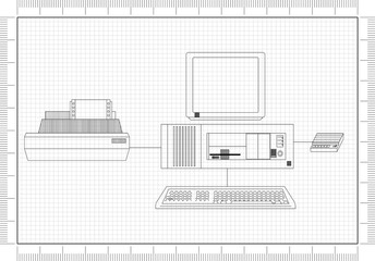 Retro computer with printer blueprint
