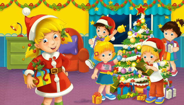 cartoon scene with boys and girls in a room full of presents and christmas tree - illustration for children