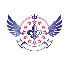 Victorian winged emblem composed using lily flower, monarch crown and pentagonal stars. Royal quality award vector design element, business label.