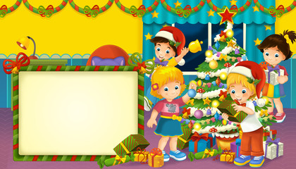 Obraz na płótnie Canvas cartoon scene with boys and girls in a room full of presents and christmas tree - with frame space for text - illustration for children