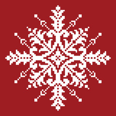 White Cross Stitch Snowflake on Red. Traditional Christmas Ornament - obrazy, fototapety, plakaty