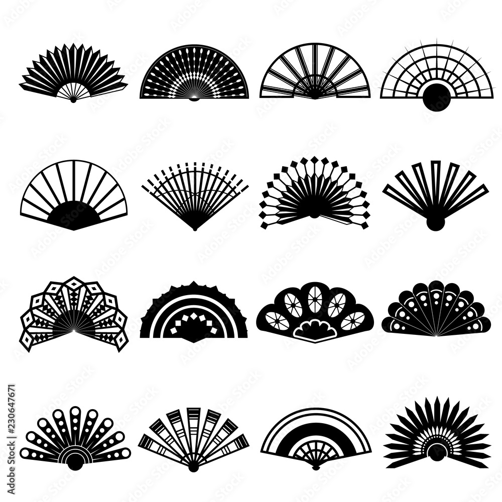 Sticker Hand Fan Signs Black Thin Line Icon Set. Vector