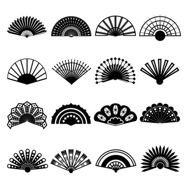 Hand Fan Signs Black Thin Line Icon Set. Vector