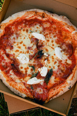 Italian pizza with tomato sauce and fresh burrata in opened cardboard box on the grass in the city park. Food delivery concept