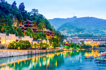 Beautiful nightscape of the ancient city of Zhenyuan..