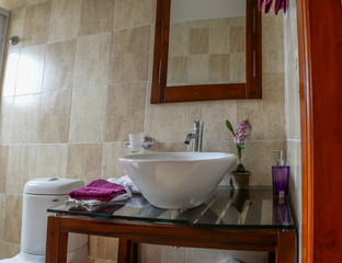 cuarto de baño deceración interior con griferia plateada y tarja en color blanco, luz suave
