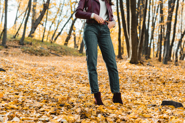 cropped image of stylish woman in jeans and leather jacket posing in autumnal forest