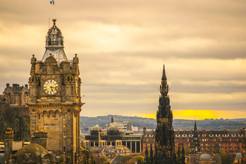 Edinburgh skyline at dawn sunset with dramatic sky and Edinburgh buildings and architecture tourism travel concept Scotland