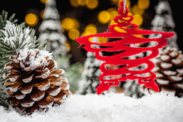 Christmas decoration diorama with snow forest landscape