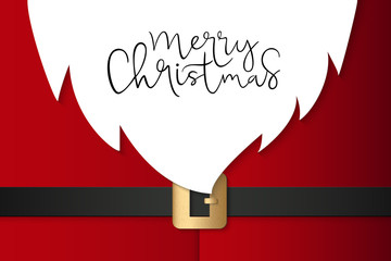 Vector illustration of greeting banner template with hand lettering label - merry Christmas - with paper santa suite, belt and beard