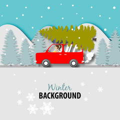 Winter season background with red van car and paper art design vector and illustration