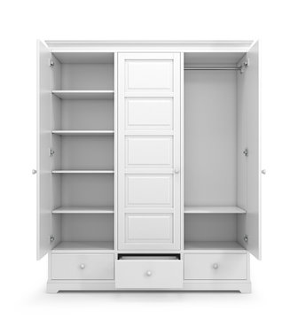 White closet with open doors isolated on white background. 3d illustration