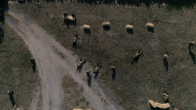 Reconstruction Of Military Scene Period 1943 Year WW2 In Ukraine. Aerial Scene, 4k
