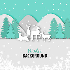 Winter season background with deer family and paper art design vector and illustration