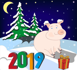 Fototapeta premium A pig - symbol of the Chinese new 2019 - sitting on a background of snow-covered fir trees on New Year's Eve. Vector illustration.