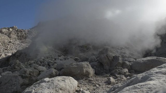 Volcanis pressure producing steam and sulfuric gas on Mount Sibayak sides.