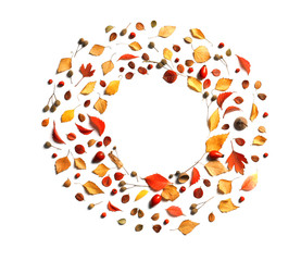 Flat lay composition with autumn leaves and space for text on white background