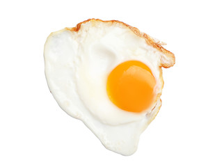Fried sunny side up egg on white background, top view