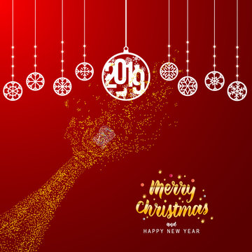 Merry Christmas and happy new year greeting card vector design with gold glitter champagne bottle.