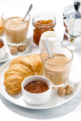 coffee with milk and croissants with jam for breakfast, closeup vertical