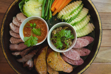 Top view set of Thai northern food ,Nam prik num ,Nam prik ong